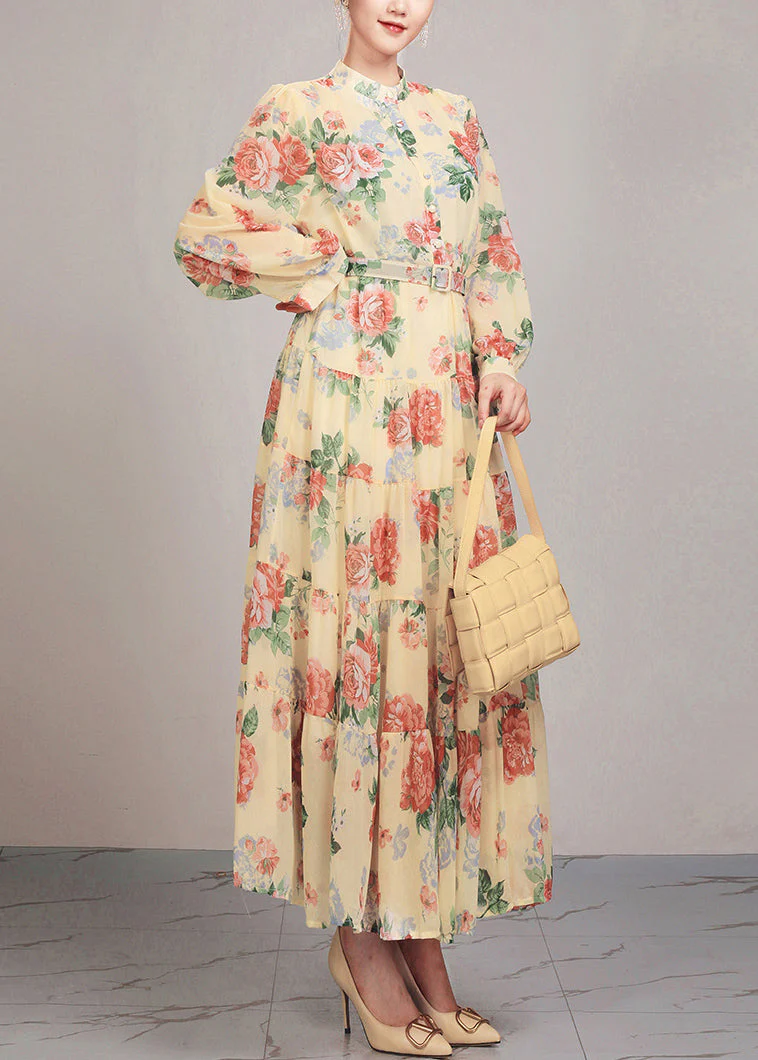 Yellow Button Sashes Cotton Long Dress Stand Collar Fall - Image 3