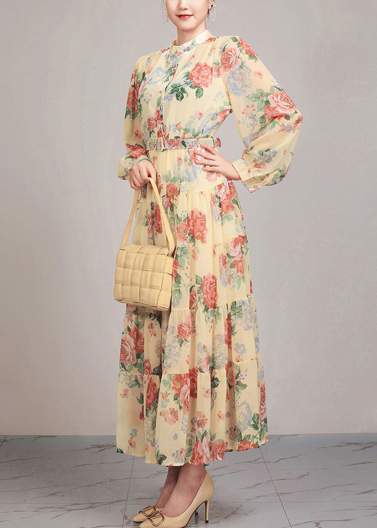 Yellow Button Sashes Cotton Long Dress Stand Collar Fall - Image 4