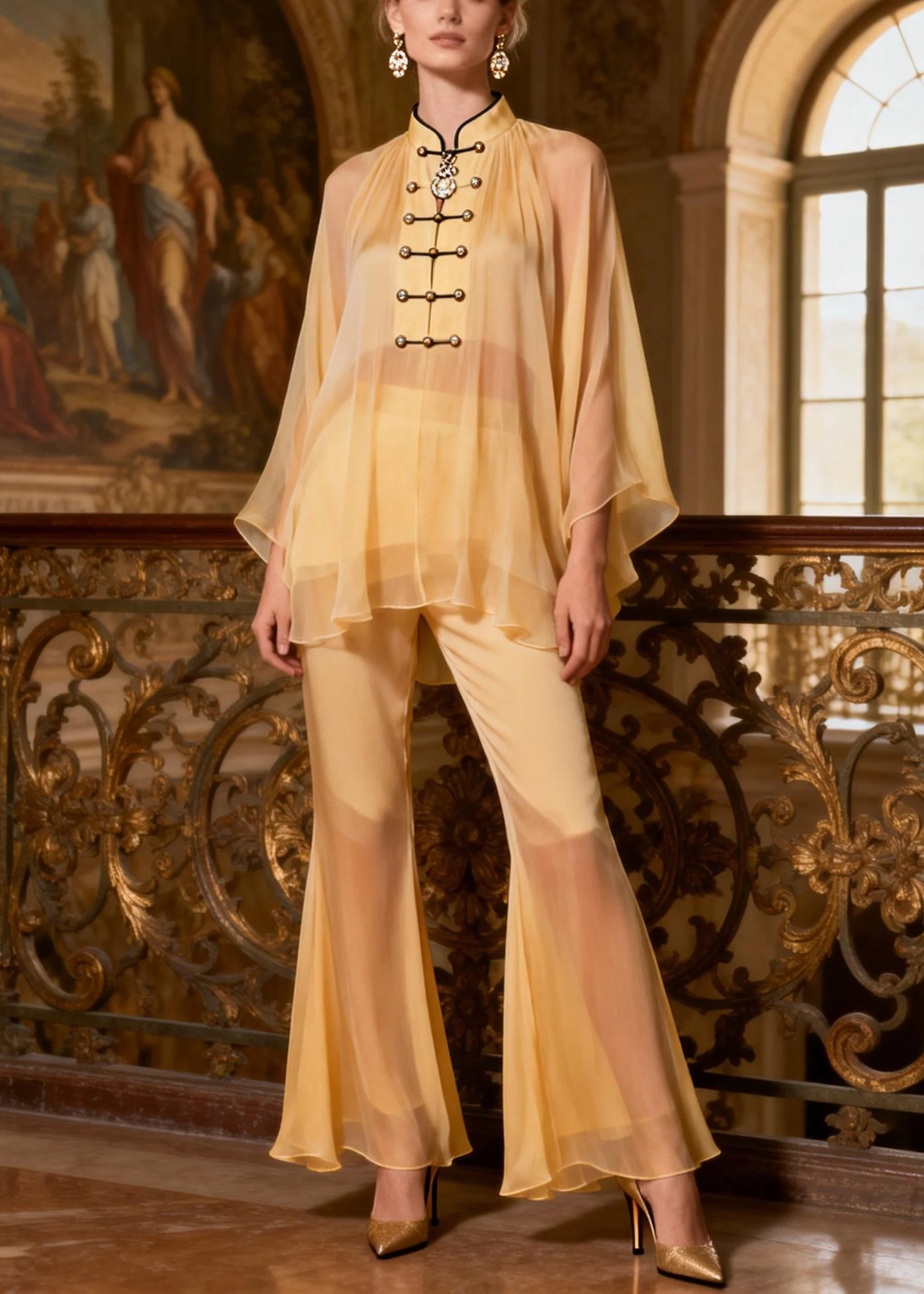 Yellow Button Shirts And Flare Bottoms Patchwork Chiffon Two Pieces Set Stand Collar Spring - Image 3