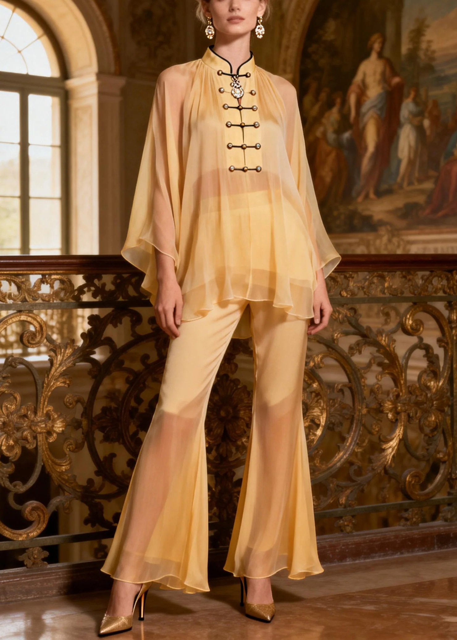 Yellow Button Shirts And Flare Bottoms Patchwork Chiffon Two Pieces Set Stand Collar Spring - Image 5