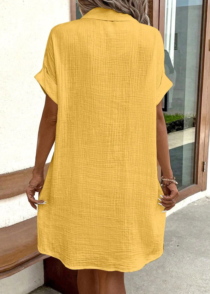 Yellow Button Solid Cotton Dress Peter Pan Collar Short Sleeve - Image 3