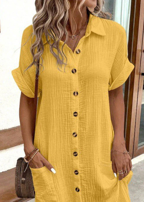 Yellow Button Solid Cotton Dress Peter Pan Collar Short Sleeve - Image 4