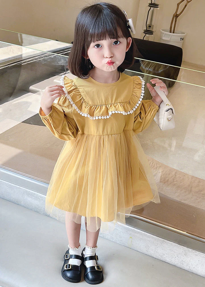 Yellow Button Tulle Patchwork Cotton Kids Girls Dress Long Sleeve - Image 2