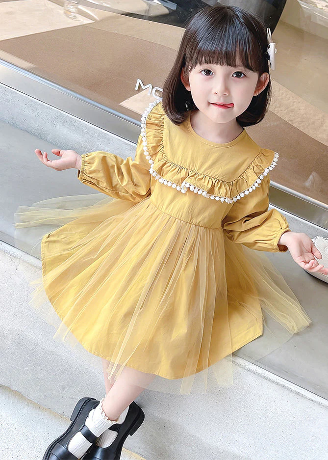 Yellow Button Tulle Patchwork Cotton Kids Girls Dress Long Sleeve - Image 3