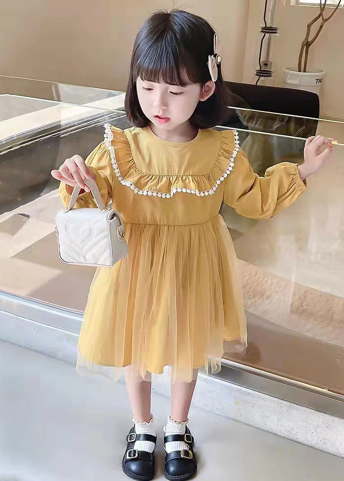 Yellow Button Tulle Patchwork Cotton Kids Girls Dress Long Sleeve - Image 4
