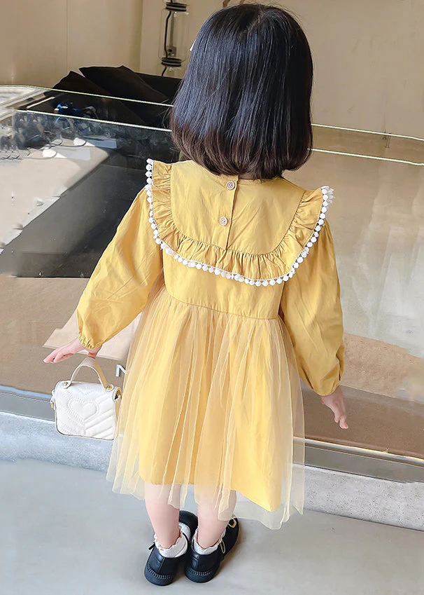Yellow Button Tulle Patchwork Cotton Kids Girls Dress Long Sleeve - Image 5