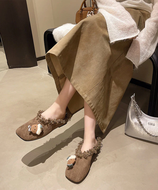 Yellow Cartoon Slippers Shoes Suede Handmade Splicing Fuzzy Wool Lined - Image 4
