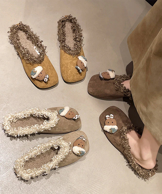 Yellow Cartoon Slippers Shoes Suede Handmade Splicing Fuzzy Wool Lined - Image 5