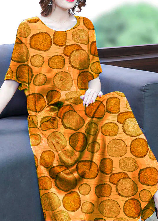 Yellow-Cashew Print Silk Long Dress Oversized Pockets Wrinkled Summer - Image 2