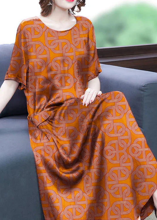 Yellow-Cashew Print Silk Long Dress Oversized Pockets Wrinkled Summer - Image 3
