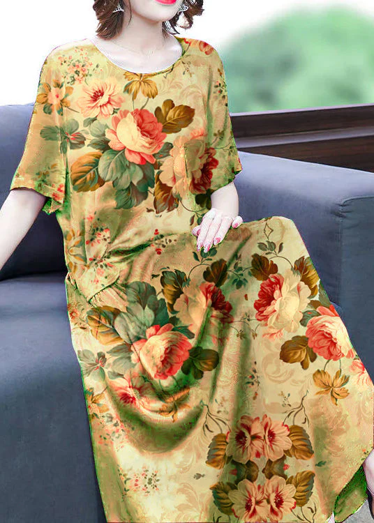 Yellow-Cashew Print Silk Long Dress Oversized Pockets Wrinkled Summer - Image 9