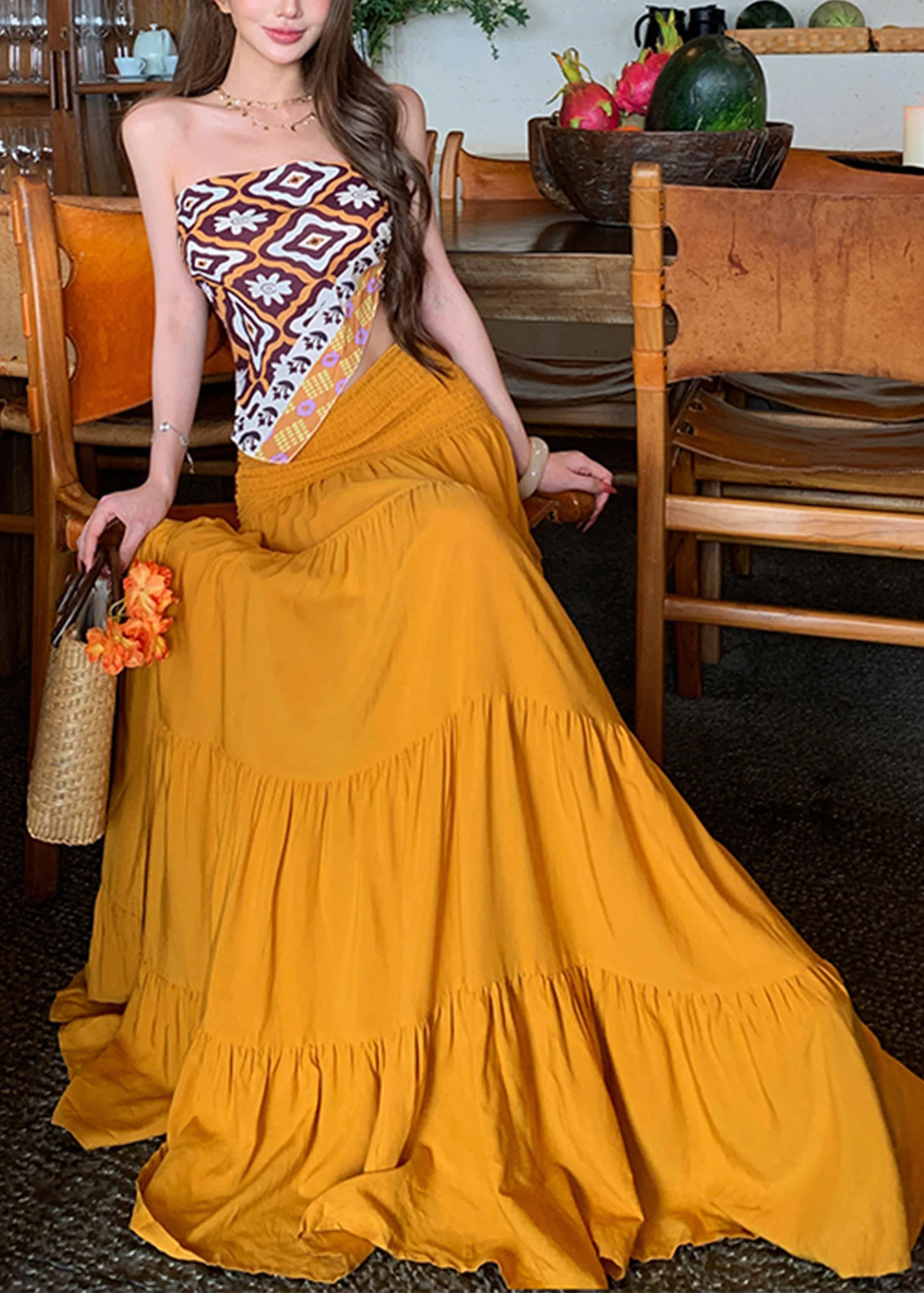 Yellow Cold Shoulder Vest And A Line Skirts Two Pieces Set Sleeveless - Image 3