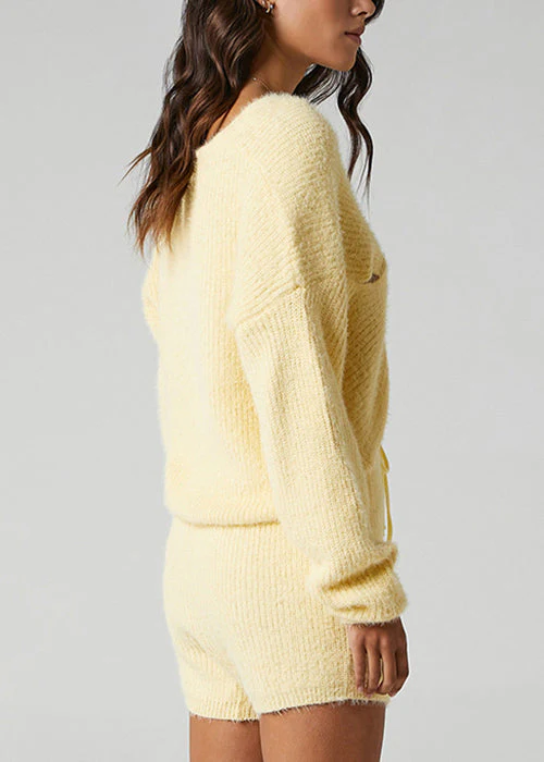 Yellow Crossover Design Elastic Waist Knit Two Pieces Set V Neck - Image 4