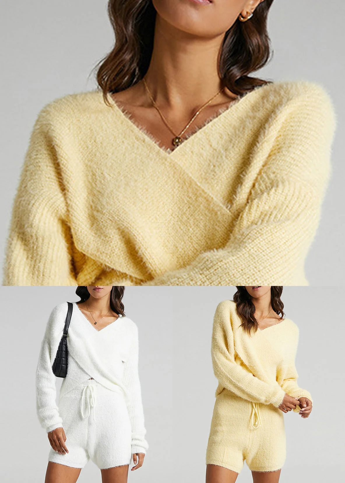 Yellow Crossover Design Elastic Waist Knit Two Pieces Set V Neck - Image 5