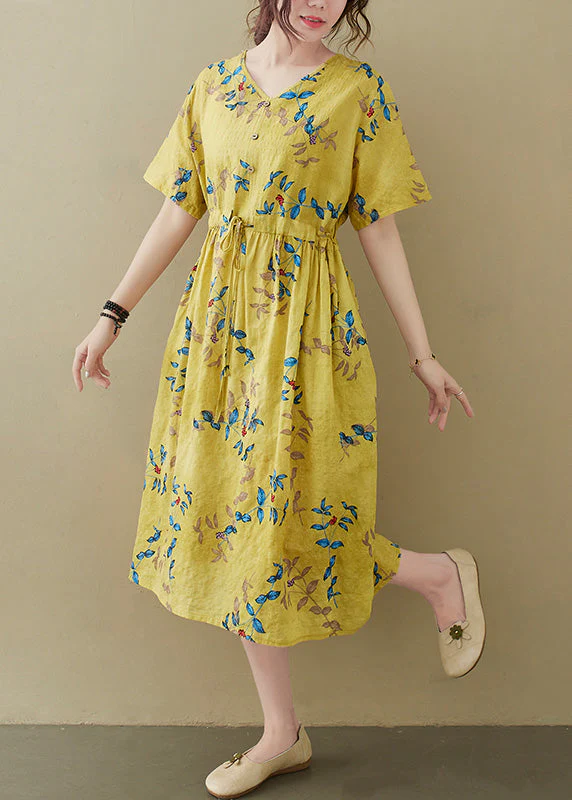 Yellow Drawstring Tie Waist Long Dress Summer - Image 2