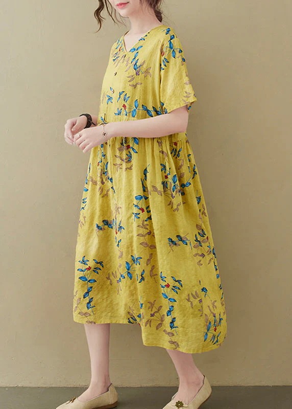 Yellow Drawstring Tie Waist Long Dress Summer - Image 3