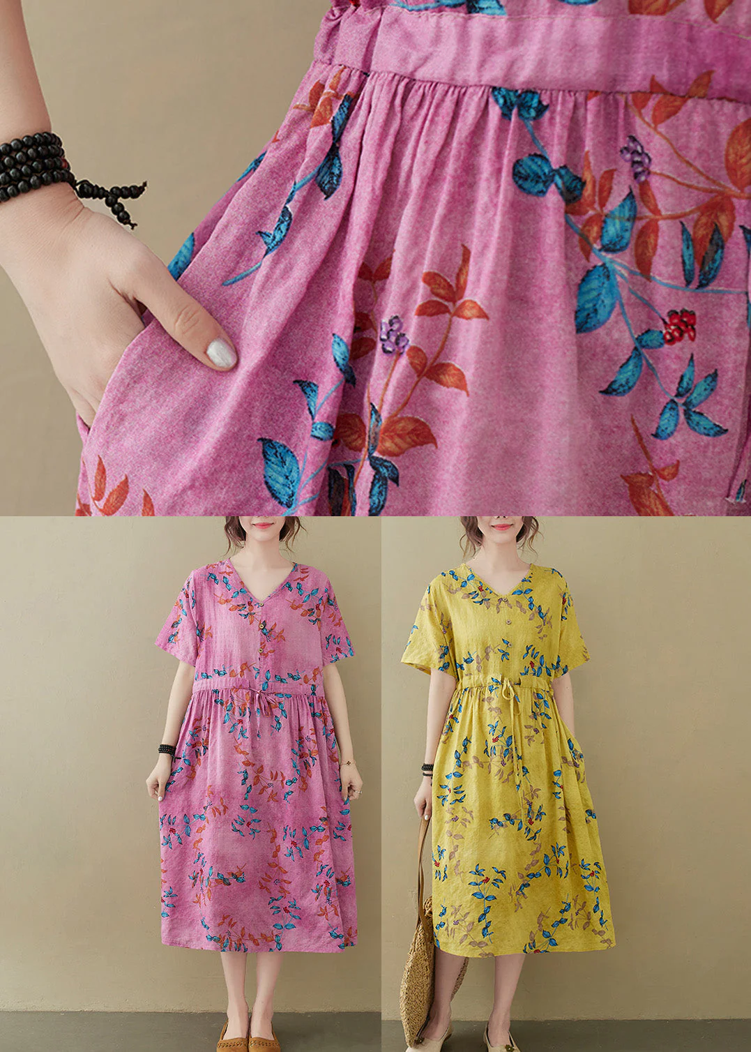 Yellow Drawstring Tie Waist Long Dress Summer - Image 5
