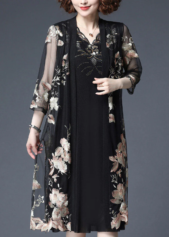 Yellow Floral Embroideried V Neck Tulle Cardigans And Tank Dress Two Piece Set Half Sleeve - Image 3