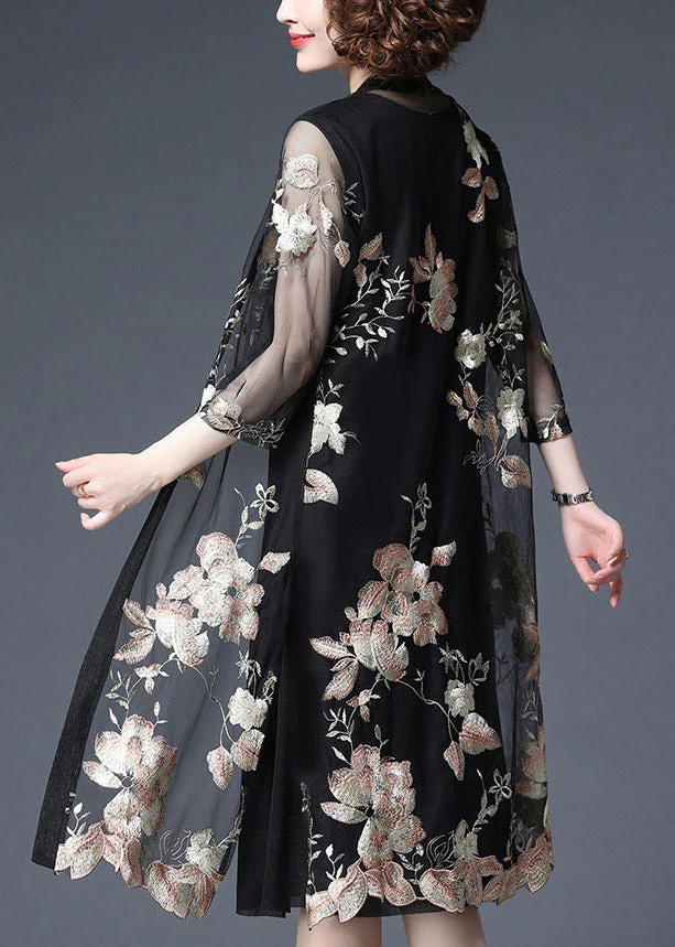 Yellow Floral Embroideried V Neck Tulle Cardigans And Tank Dress Two Piece Set Half Sleeve - Image 4
