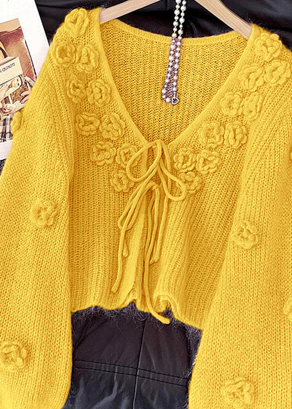 Yellow Floral Lace Up Knit Cardigan V Neck Fall - Image 2