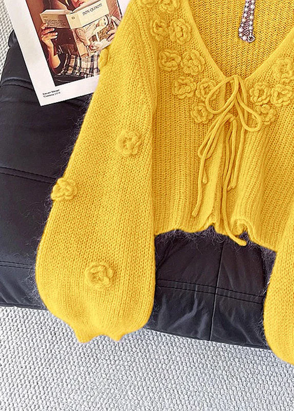 Yellow Floral Lace Up Knit Cardigan V Neck Fall - Image 3