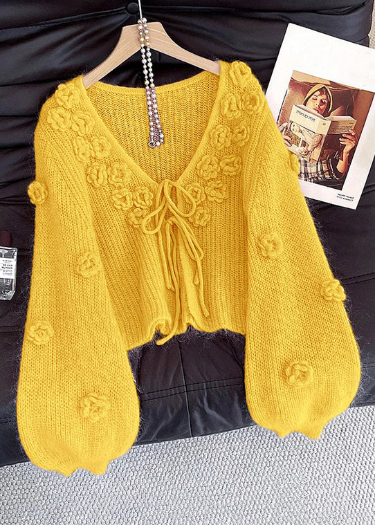 Yellow Floral Lace Up Knit Cardigan V Neck Fall - Image 4