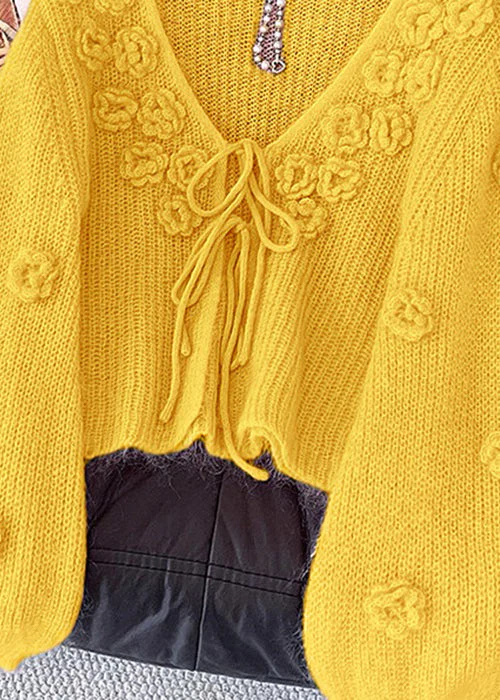 Yellow Floral Lace Up Knit Cardigan V Neck Fall - Image 5