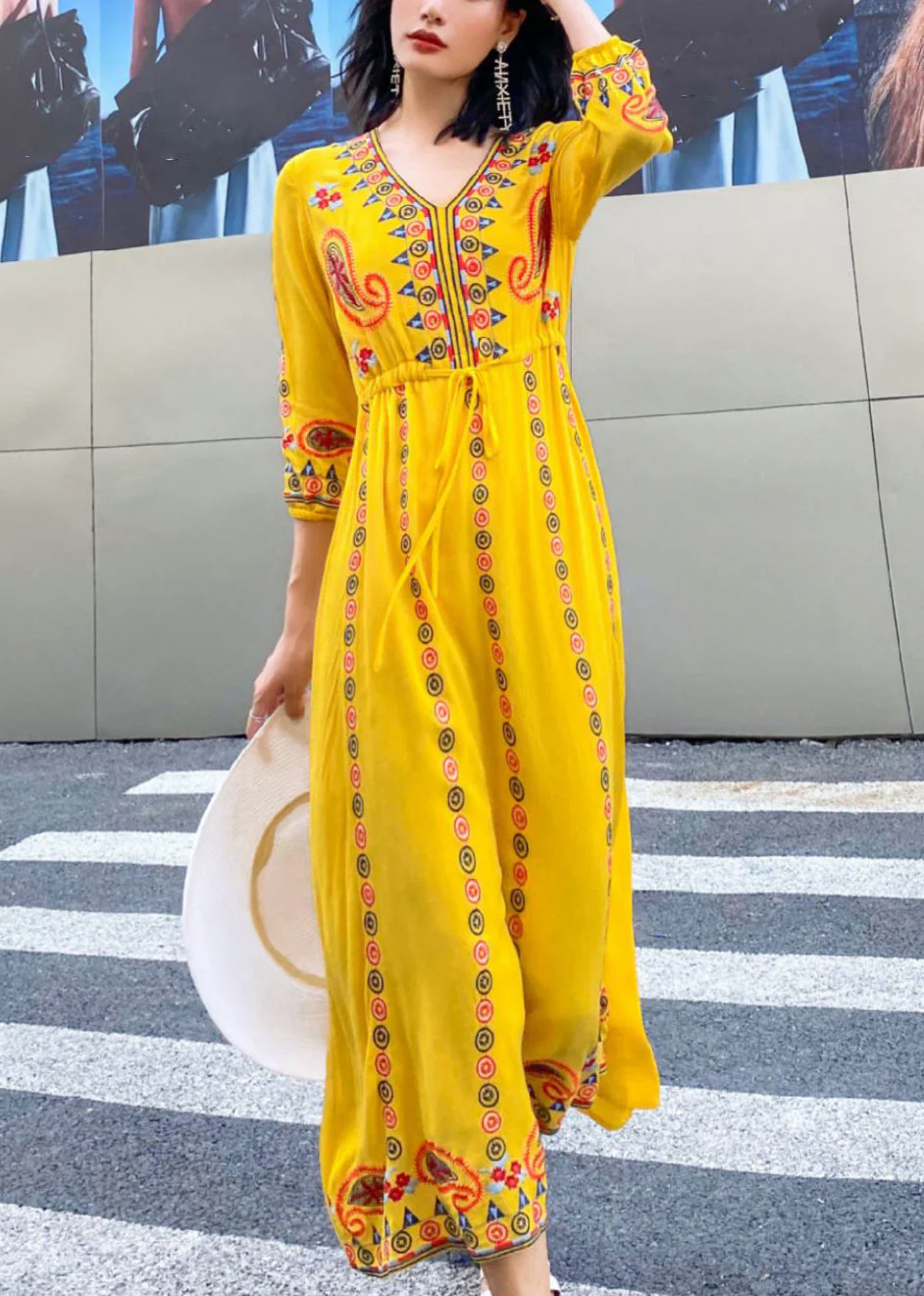 Yellow Lace Up Cotton Long Dresses V Neck Bracelet Sleeve - Image 2