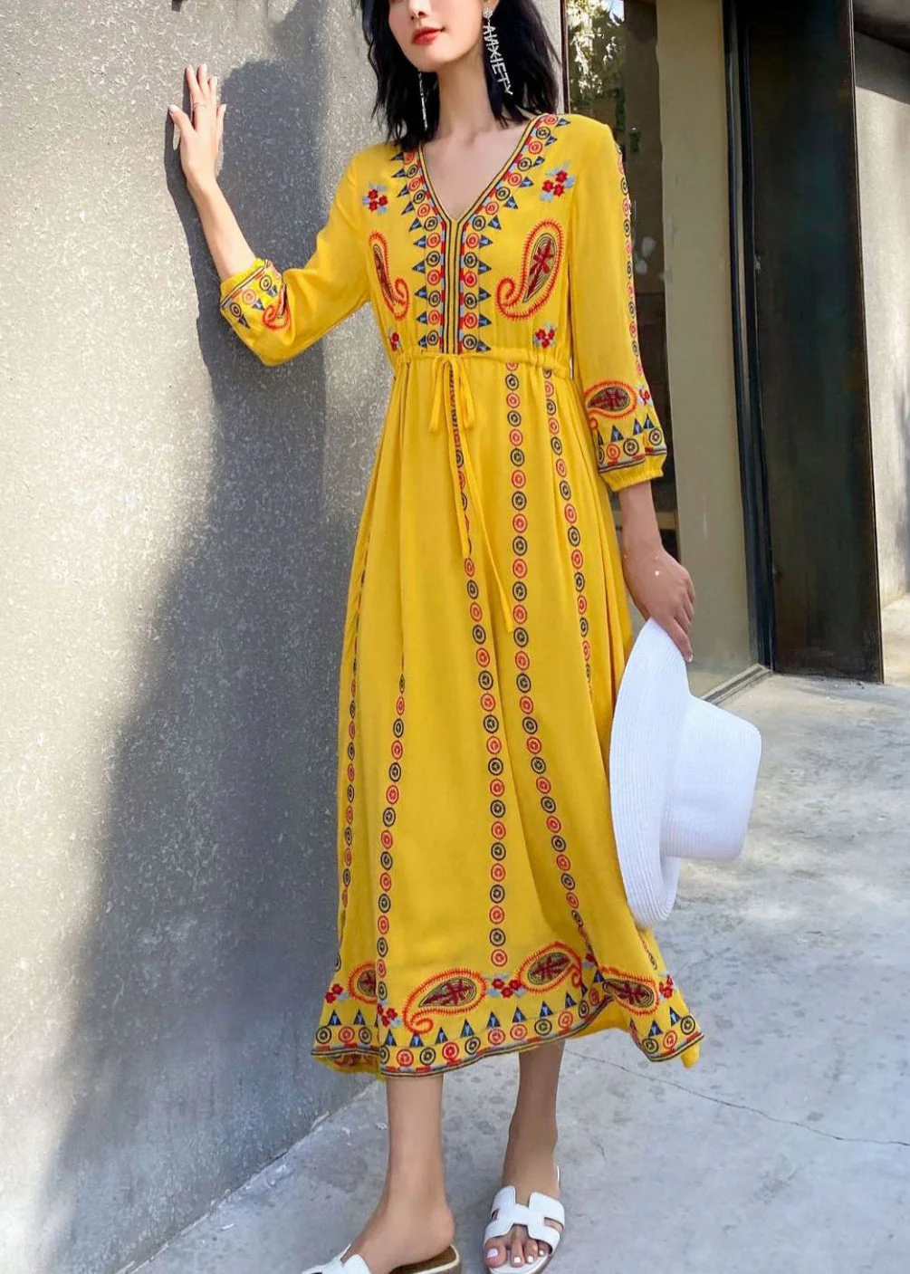 Yellow Lace Up Cotton Long Dresses V Neck Bracelet Sleeve - Image 3