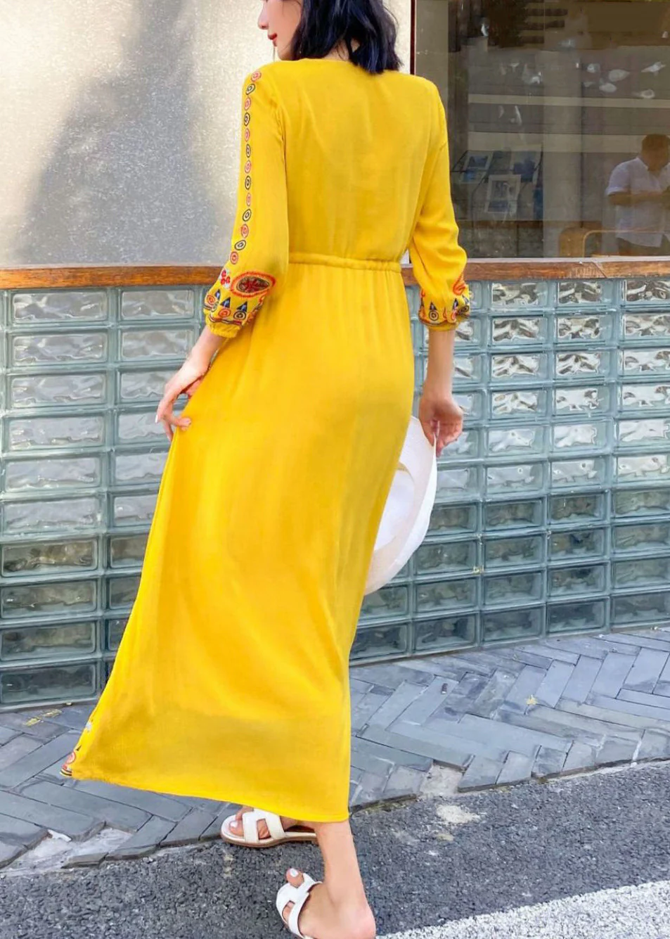 Yellow Lace Up Cotton Long Dresses V Neck Bracelet Sleeve - Image 4