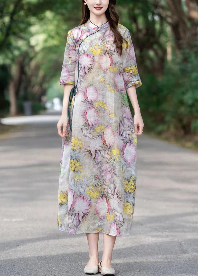 Yellow Lace Up Print Linen Dress Stand Collar Half Sleeve - Image 2