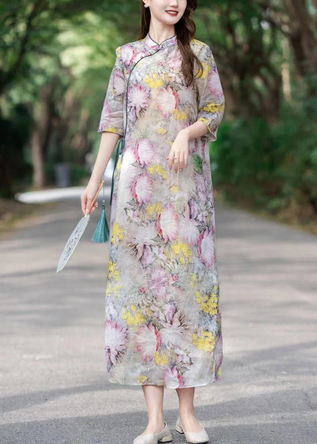 Yellow Lace Up Print Linen Dress Stand Collar Half Sleeve - Image 3