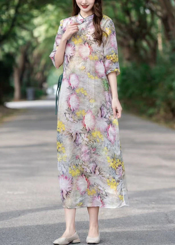Yellow Lace Up Print Linen Dress Stand Collar Half Sleeve - Image 4