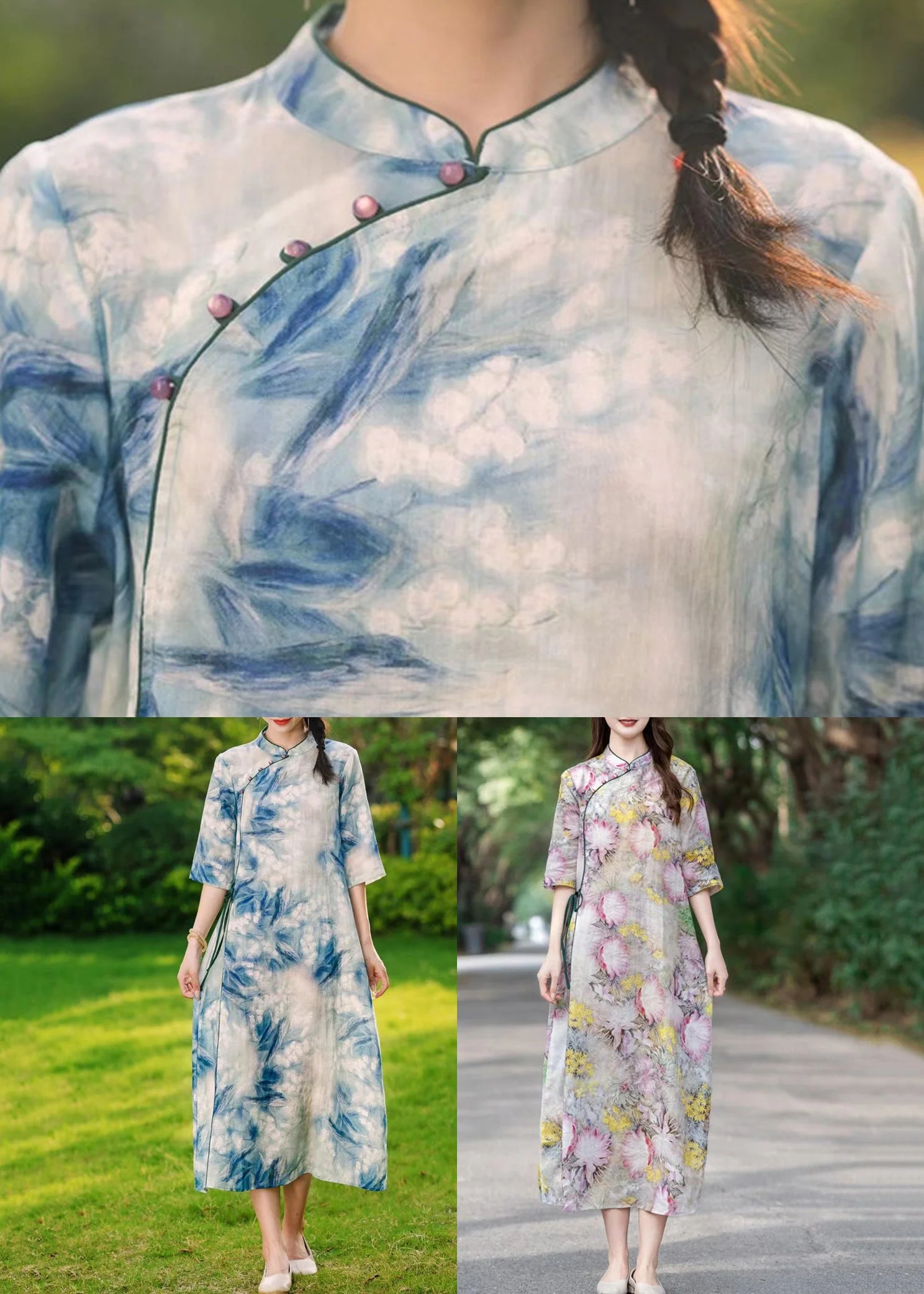 Yellow Lace Up Print Linen Dress Stand Collar Half Sleeve - Image 5