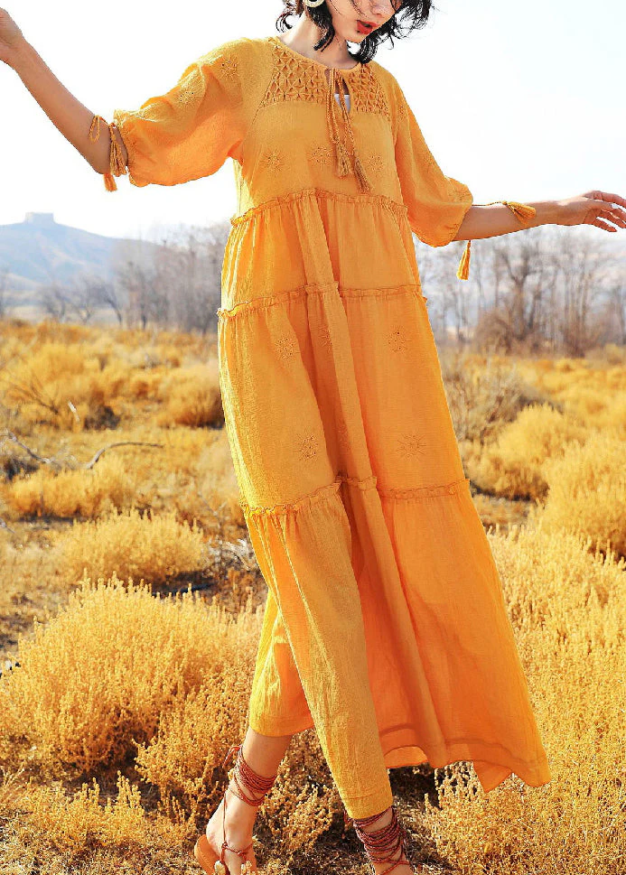 Yellow Lace Up Solid Cotton Summer Long Dress Ruffled - Image 2