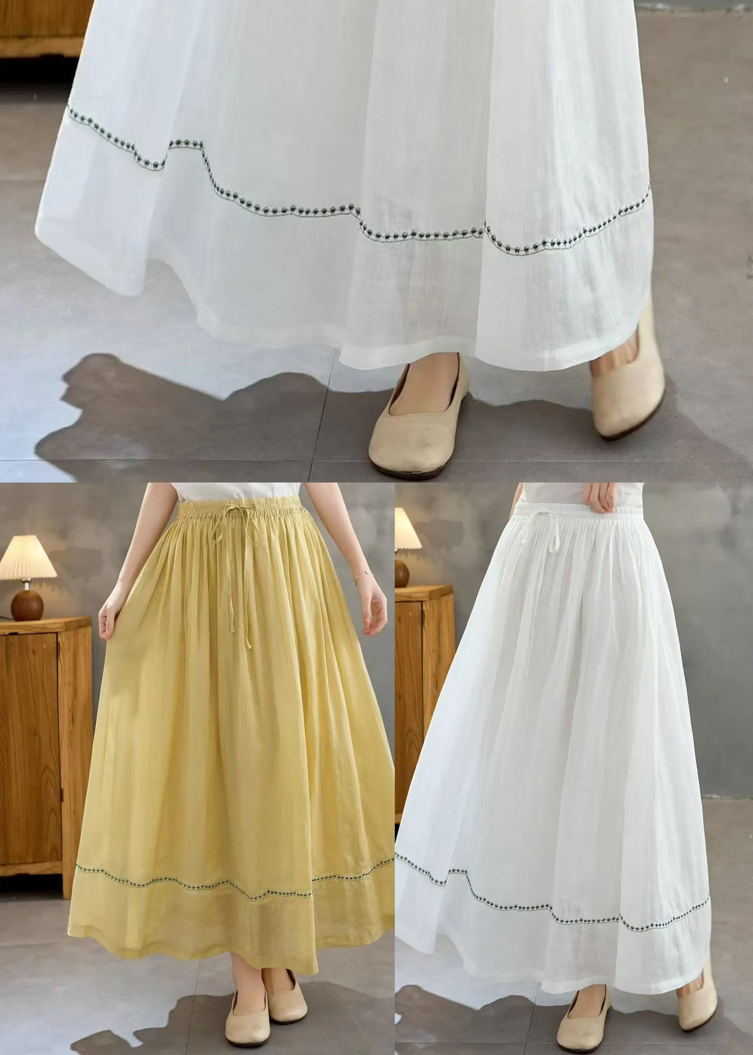 Yellow Linen Holiday Skirt Embroidered Exra Large Hem Summer - Image 5