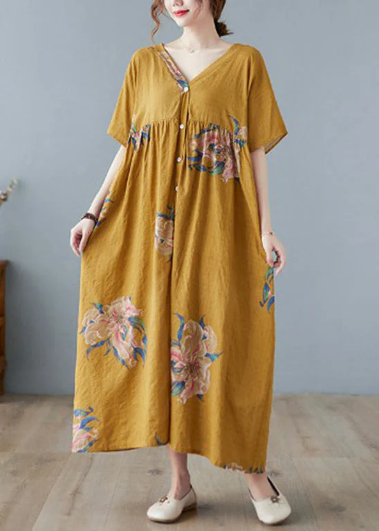 Yellow Loose Holiday Dresses Button Short Sleeve - Image 2