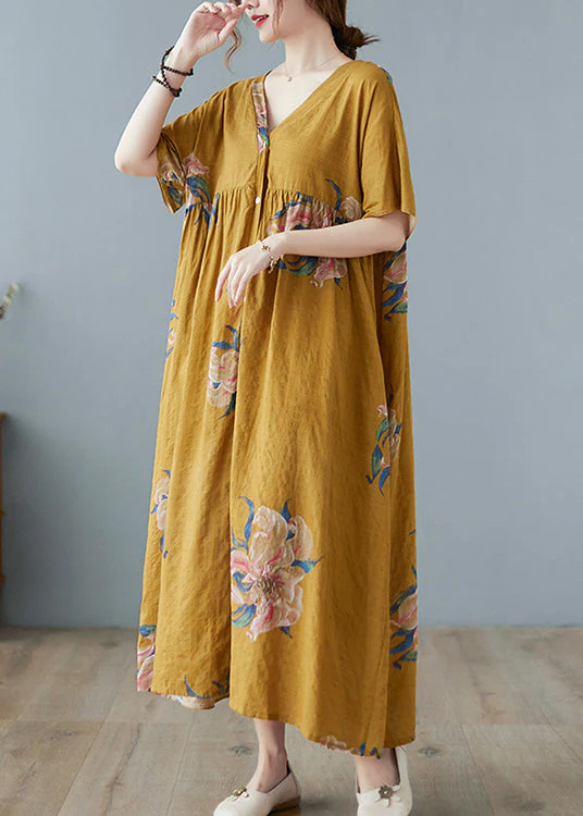 Yellow Loose Holiday Dresses Button Short Sleeve - Image 3