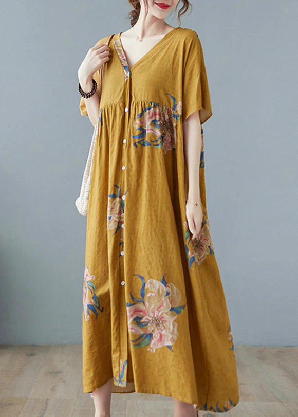 Yellow Loose Holiday Dresses Button Short Sleeve - Image 4