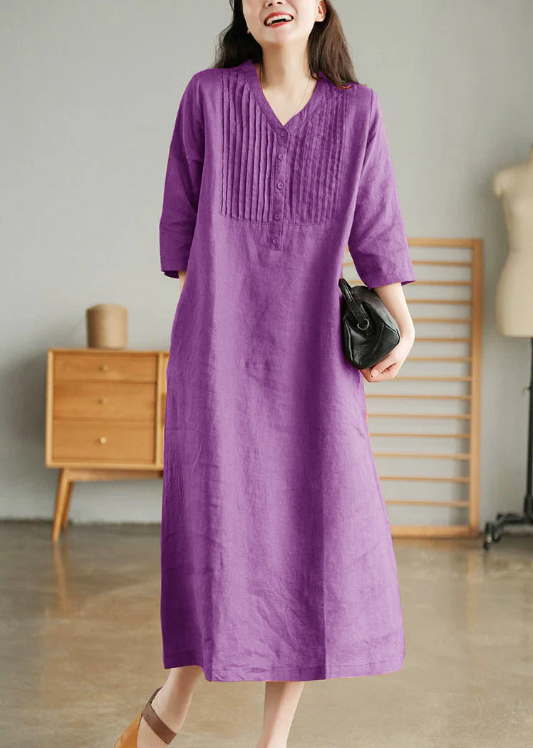 Yellow Loose Linen Long Dresses Button Solid Half Sleeve - Image 2