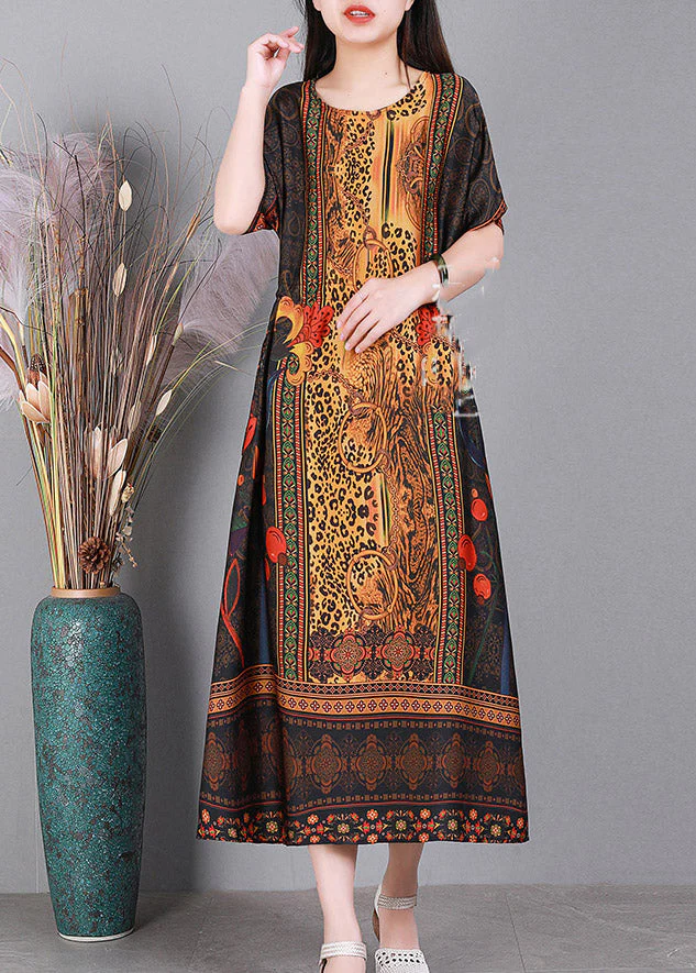 Yellow O-Neck Print Elastic Waist Silk Dresses Short Sleeve - Image 3