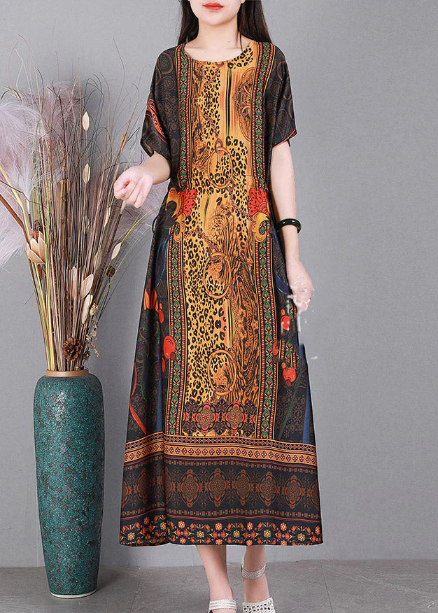 Yellow O-Neck Print Elastic Waist Silk Dresses Short Sleeve - Image 4