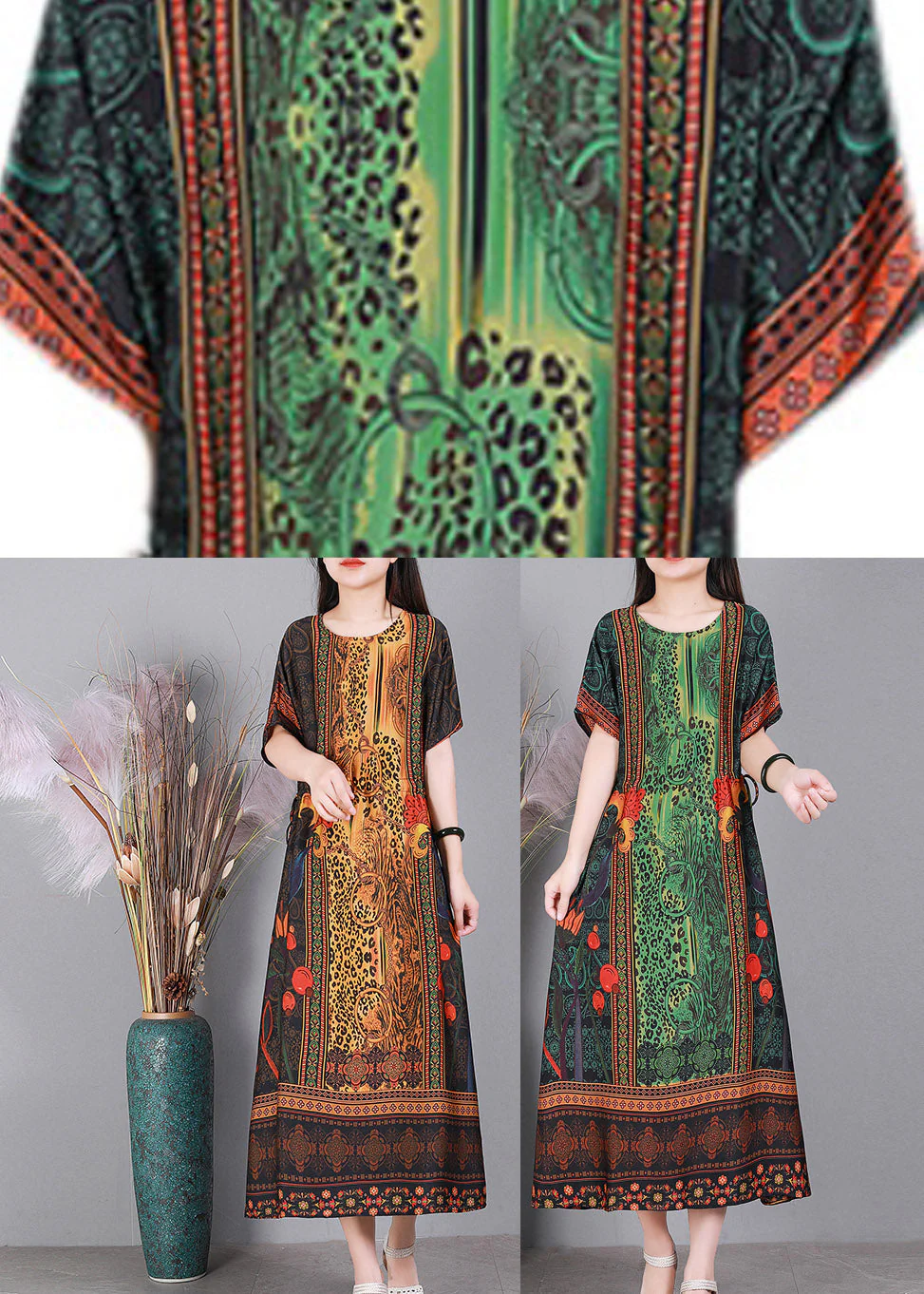 Yellow O-Neck Print Elastic Waist Silk Dresses Short Sleeve - Image 5