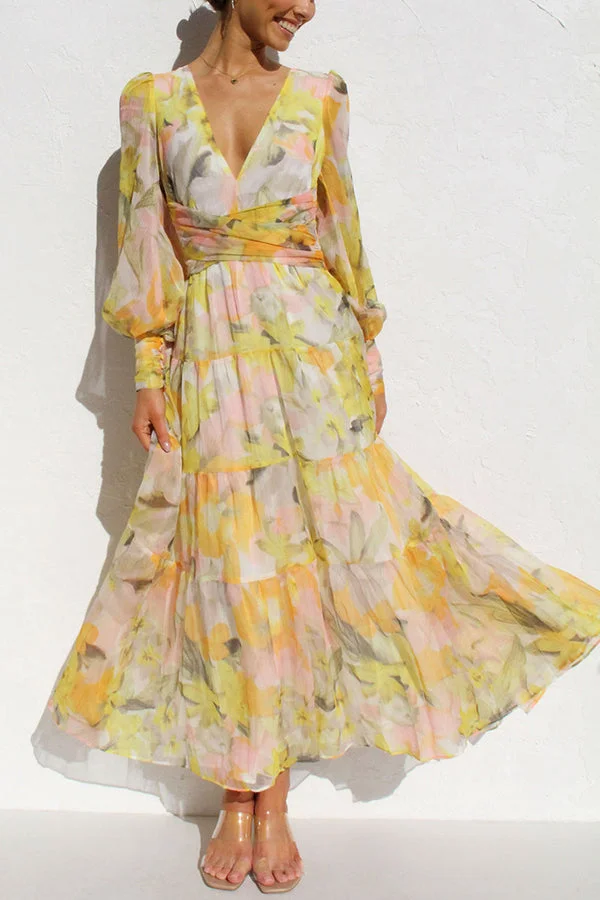 Yellow Olena Abstract Floral Balloon Sleeves Maxi Dress - Image 2