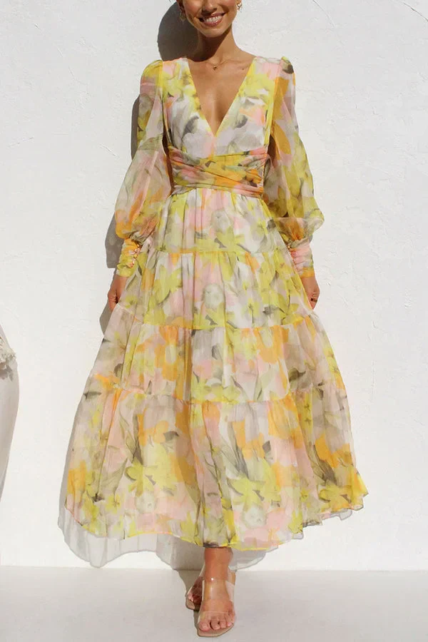 Yellow Olena Abstract Floral Balloon Sleeves Maxi Dress - Image 3