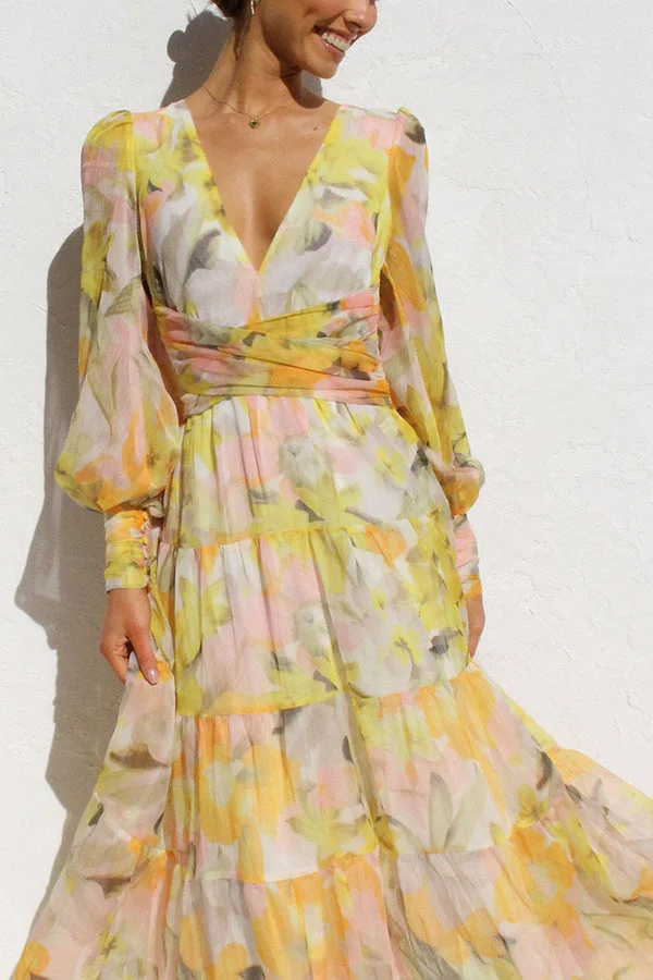 Yellow Olena Abstract Floral Balloon Sleeves Maxi Dress - Image 4