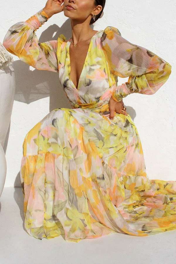 Yellow Olena Abstract Floral Balloon Sleeves Maxi Dress - Image 5