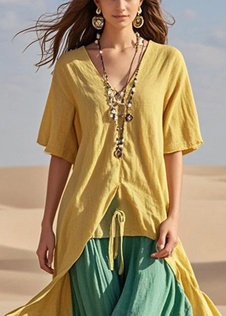 Yellow Patchwork Cotton Holiday Dress Fake Two Piece Summer - Image 2