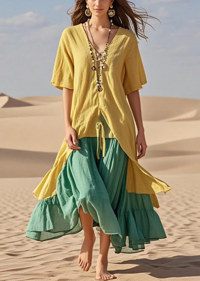 Yellow Patchwork Cotton Holiday Dress Fake Two Piece Summer - Image 3