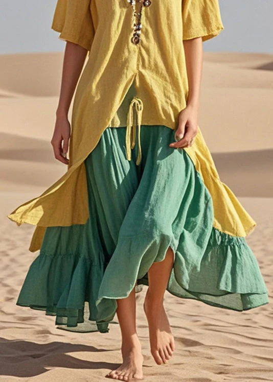 Yellow Patchwork Cotton Holiday Dress Fake Two Piece Summer - Image 4